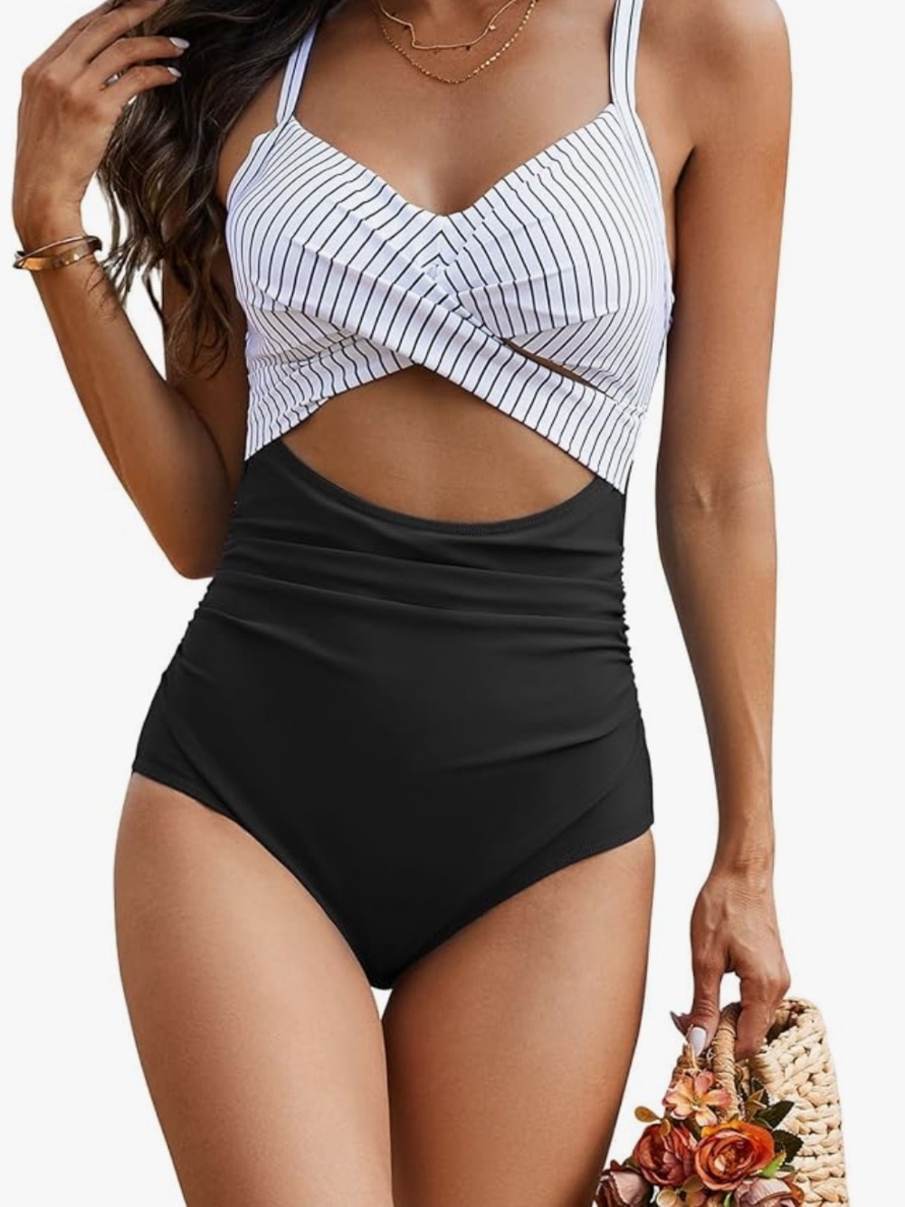 Striped White & Black One-Piece Swimsuit with Tummy Control